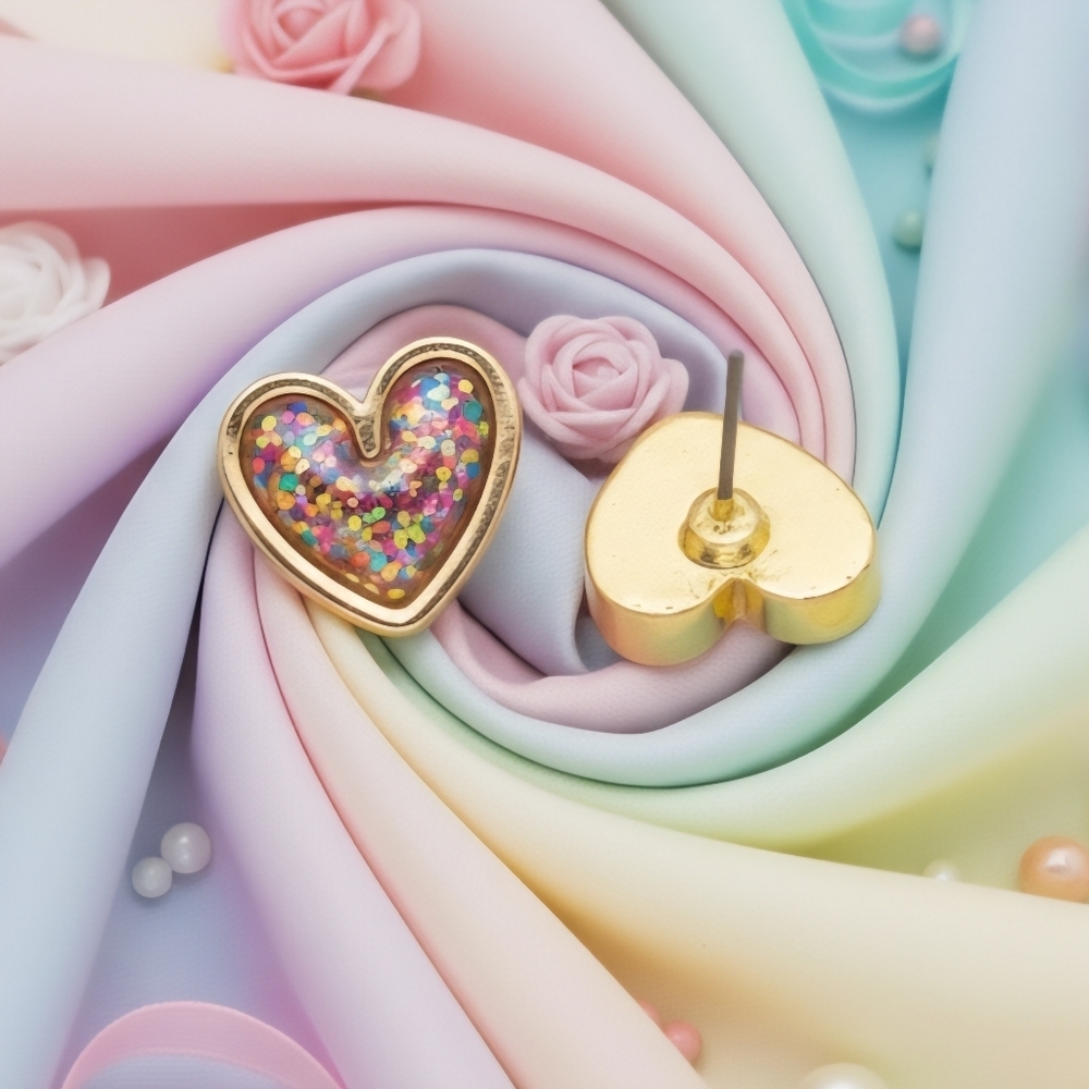 Confetti Heart Stud Earrings Gold Tone Multicolor Glitter Hypoallergenic Cute - Picture 9 of 12